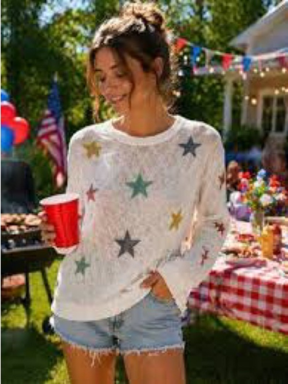Hem & Thread White Crewneck Sweater with Multicolor Star Accents